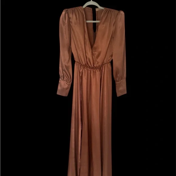 Long Sleeve V-Neck Satin Maxi Dress in Rust - Picture 5 of 8